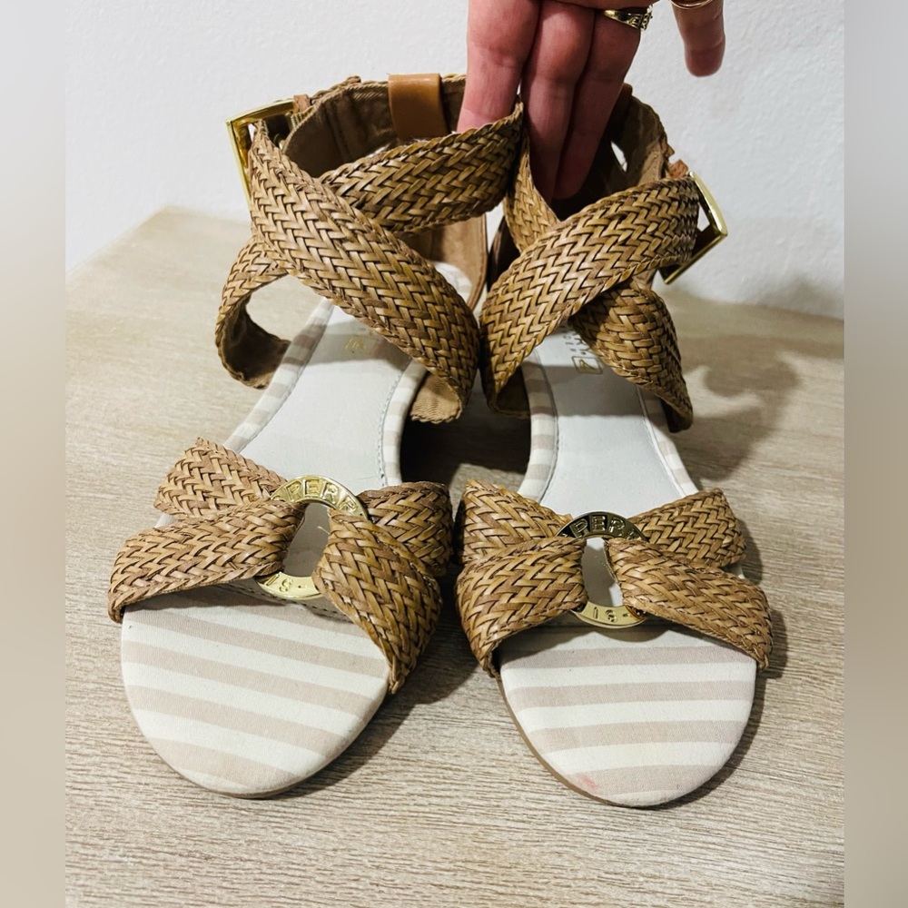 🩷🩵Sperry Alvina  Brown Strappy Hook Loop Wedge  Sandals Shoes 7M